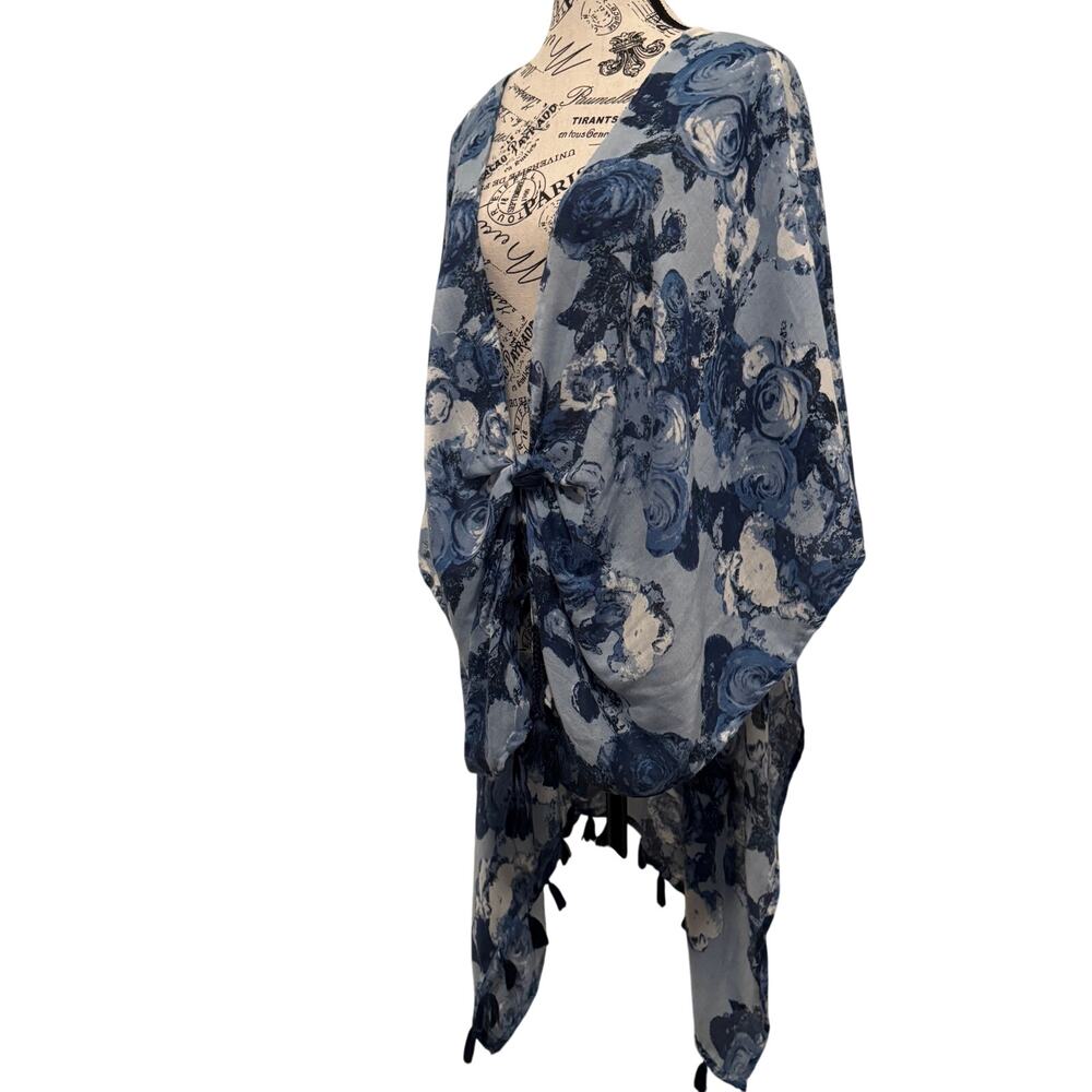 Krazy Kat Open Front Blue Sheer Floral Kimono with Tassels Festival Concert